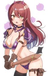 Rule 34 | 1girl, arm strap, armor, bat wings, bikini armor, black thighhighs, blush, brown gloves, capelet, choker, collarbone, debi tarou, dot nose, fake horns, floating hair, gloves, groin, highres, holding, holding sword, holding weapon, horns, idolmaster, idolmaster shiny colors, leaning forward, long hair, looking at viewer, low wings, navel, open mouth, osaki tenka, pouch, purple capelet, raised eyebrow, red hair, shoulder armor, single bare shoulder, single thighhigh, skindentation, solo, standing, sword, thigh pouch, thighhighs, thighs, wanimaru, wardrobe malfunction, weapon, wings, wooden sword, yellow eyes