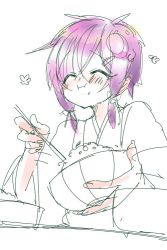 Rule 34 | 1girl, ^ ^, bowl, chopsticks, closed eyes, eating, closed eyes, food, food on face, hair ornament, hairclip, happy, japanese clothes, kimono, rice, simple background, sketch, smile, trpg01, vocaloid, voiceroid, white background, yuzuki yukari