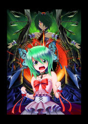 Rule 34 | 2girls, antennae, aozora market, bare shoulders, bow, bug, butterfly hair ornament, clenched hands, dark persona, dark princess (princess wriggle), dress, dual persona, female focus, frown, gown, gradient hair, green eyes, green hair, hair ornament, hair over one eye, bug, multicolored hair, multiple girls, open mouth, outstretched arms, princess wriggle, short hair, spread arms, standing, tiara, touhou, wriggle nightbug, wrist cuffs