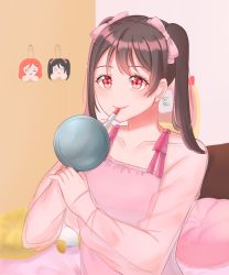Rule 34 | 1girl, artist name, artist request, bare shoulders, bed, black hair, blush, bow, female focus, hair bow, highres, holding, holding mirror, indoors, lipstick, looking at viewer, love live!, love live! school idol project, makeup, marin (mf230517), mf230517, mirror, pink bow, pink shirt, pixiv id 15238946, red eyes, shirt, short hair, smile, solo, twintails, yazawa nico