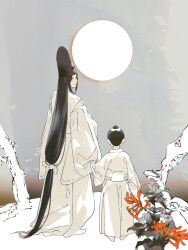 Rule 34 | 2boys, absurdly long hair, bird, black hair, child, chinese commentary, chonmage, closed mouth, clothes grab, commentary, english commentary, facing away, flower, from behind, fujiwara no sai, full moon, gradient sky, hakama, hat, highres, hikaru no go, honninbou shuusaku, japanese clothes, kariginu, long hair, looking at viewer, looking back, low-tied long hair, male focus, mixed-language commentary, moon, multiple boys, nature, partially colored, red flower, sky, sleeves past fingers, sleeves past wrists, smile, standing, tate eboshi, topknot, very long hair, wisda