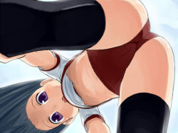 Rule 34 | 1girl, ass, bent over, black hair, black thighhighs, blush, breasts, buruma, character request, copyright request, female focus, from below, gym uniform, long hair, navel, nipple slip, nipples, no bra, open mouth, purple eyes, small breasts, solo, thighhighs, thighs, toku sonchou, upshirt