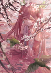Rule 34 | 1girl, absurdres, animal, arm tattoo, bird, bird on hand, cherry, cherry blossoms, cherry hair ornament, commentary, detached sleeves, flower, food, food-themed hair ornament, fruit, hair between eyes, hair ornament, hatsune miku, highres, holding, holding flower, light smile, long hair, looking down, necktie, pink eyes, pink flower, pink hair, pink necktie, pink skirt, pink sleeves, pink theme, sakura miku, sanou, skirt, solo, tattoo, twintails, very long hair, vocaloid