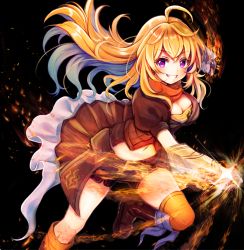 Rule 34 | 1girl, ahoge, black background, black shorts, blonde hair, blue hair, boots, breasts, brown footwear, cleavage, clenched hand, crop top, floating hair, gauntlets, grin, hair between eyes, long hair, looking at viewer, medium breasts, midriff, multicolored hair, navel, orange scarf, purple eyes, rwby, scarf, serino itsuki, short shorts, shorts, smile, solo, stomach, thighhighs, two-tone hair, very long hair, yang xiao long, yellow thighhighs