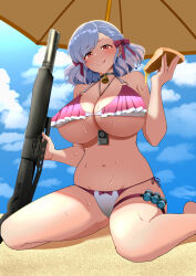 1girl absurdres aizawa_u-ji bell bikini blue_hair breasts food girls&#039;_frontline girls&#039;_frontline_2:_exilium gun hair_ornament highres holding holding_food holding_pizza large_breasts navel neck_bell official_alternate_costume parasol pizza pump_action red_eyes semi-automatic_shotgun shotgun sitting solo spas-12 spas-12_(girls&#039;_frontline) sweat swimsuit thigh_strap umbrella underboob weapon