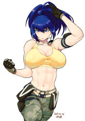 Rule 34 | 1girl, abs, ammunition pouch, armlet, bare shoulders, belt, blue eyes, blue hair, breasts, camouflage, camouflage pants, dog tags, earrings, gloves, jewelry, large breasts, leona heidern, midriff, military, military uniform, muscular, muscular female, pants, ponytail, pouch, sleeveless, solo, standing, tank top, the king of fighters, the king of fighters xiv, the king of fighters xv, triangle earrings, tsukudani (coke-buta), uniform, white background, yellow tank top