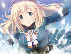 Rule 34 | 10s, 1girl, atago (kancolle), bent over, black gloves, blonde hair, breasts, female focus, gloves, gradient background, green eyes, hat, kantai collection, large breasts, long hair, military, military uniform, mumumu (road), pantyhose, smile, solo, splashing, uniform, water