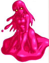 Rule 34 | 1girl, artist request, breasts, liquid, long hair, monster girl, no nipples, nude, pink theme, semiliquid, sitting, slime (substance), slime girl, solo, source request, yellow eyes
