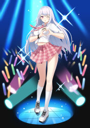 Rule 34 | 1girl, ;o, badge, black background, blue background, bracelet, breasts, bright pupils, closers, collared shirt, dark background, full body, glowstick, gradient background, heart, heart hands, highres, idol, jewelry, kneehighs, large breasts, long hair, looking at viewer, midriff peek, miniskirt, mirae (closers), necktie, official art, one eye closed, pink eyes, pink necktie, pink skirt, plaid, plaid necktie, plaid skirt, pleated skirt, school uniform, shirt, shoes, short sleeves, skirt, sneakers, socks, solo, sparkle, stage, stage lights, standing, standing on one leg, star bracelet, tachi-e, very long hair, white footwear, white hair, white pupils, white shirt, white socks