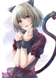 Rule 34 | 1girl, :d, animal ear fluff, animal ears, bad id, bad pixiv id, black dress, blue eyes, blush, brown hair, brown shirt, cat ears, cat girl, cat tail, commentary request, dress, fang, hair between eyes, hands up, highres, idolmaster, idolmaster cinderella girls, kemonomimi mode, layered dress, looking at viewer, mole, mole under eye, open mouth, paw pose, pleated dress, satoimo chika, shirt, short sleeves, sleeveless, sleeveless dress, smile, solo, tail, tail raised, takagaki kaede