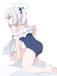 Rule 34 | 1girl, arm support, bad anatomy, bad perspective, bare legs, bare shoulders, barefoot, black one-piece swimsuit, blue archive, blue halo, blush, cellphone, frilled one-piece swimsuit, frills, grey hair, halo, highres, holding, holding phone, long hair, miyako (blue archive), miyako (swimsuit) (blue archive), off-shoulder one-piece swimsuit, off shoulder, official alternate costume, one-piece swimsuit, open mouth, pearlgang e, phone, ponytail, purple eyes, simple background, smartphone, solo, swimsuit, white background
