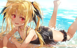 Rule 34 | 1girl, absurdres, ass, barefoot, beach, black choker, black one-piece swimsuit, black ribbon, blonde hair, choker, collarbone, commentary request, fate testarossa, flat chest, hair ribbon, highres, long hair, looking at viewer, lying, lyrical nanoha, michairu, ocean, on stomach, one-piece swimsuit, open mouth, red eyes, ribbon, solo, swimsuit, twintails, wet