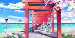 Rule 34 | 1girl, artist name, bare legs, cherry blossoms, cloud, day, expressionless, flower, green eyes, green hair, hatsune miku, highres, horizon, hydrangea, japanese clothes, kimono, kimono skirt, lantern, lily pad, long hair, long sleeves, looking at viewer, matching hair/eyes, multiple torii, obi, outdoors, path, petals, road, sanaa, sandals, sash, scenery, shadow, sky, solo, sunlight, tabi, tassel, torii, twintails, vanishing point, very long hair, vocaloid, walking, water, white legwear, wide sleeves