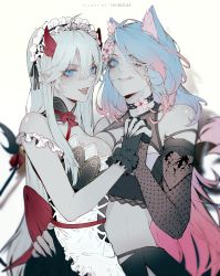 Rule 34 | 2girls, animal ear fluff, animal ears, arm around waist, black gloves, blue hair, blue nails, breasts, choker, cleavage, commentary, commission, demon girl, demon tail, english commentary, flower, flower choker, gloves, gradient hair, hair between eyes, highres, holding hands, horns, indie virtual youtuber, licking lips, long hair, looking at viewer, looking up, medium breasts, midriff, multicolored hair, multiple girls, nail polish, open mouth, pink flower, pink hair, pink nails, silvervale, silvervale (4th costume), tail, the cecile, tongue, tongue out, vei (vtuber), vei (vtuber) (4th costume), very long hair, virtual youtuber, white hair
