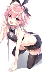 Rule 34 | 1boy, absurdres, alternate hairstyle, animal ears, astolfo (fate), astolfo (saber) (fate), bara0717, bow, bowtie, fake animal ears, fang, fate (series), hair intakes, highres, kneeling, looking at viewer, male focus, multicolored hair, nail polish, pink hair, pleated skirt, purple eyes, skirt, smile, streaked hair, thighhighs, trap, victory pose, zettai ryouiki