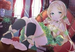 Rule 34 | 1girl, book stack, bookshelf, braid, breasts, bug, butterfly, chair, curtains, flower, green eyes, green skirt, hair ornament, highres, indoors, bug, knees up, leaf hair ornament, looking at viewer, original, sitting, skirt, small breasts, solo, table, thiana0225, thigh strap, toes, twin braids, vase, window