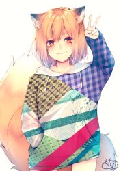 Rule 34 | 1girl, animal ear fluff, animal ears, arm up, blush, chita (ketchup), closed mouth, commentary request, cowboy shot, drawstring, fox ears, fox girl, fox tail, hair between eyes, head tilt, heart, highres, hood, hoodie, light brown hair, long sleeves, looking at viewer, multicolored clothes, multicolored hoodie, original, red eyes, signature, sleeves past wrists, smile, solo, tail, tail raised, thick eyebrows, white background