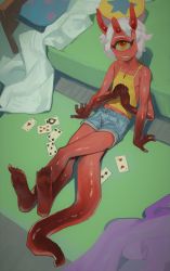 Rule 34 | 1girl, absurdres, barefoot, bed, blue shorts, body freckles, camisole, card, colored skin, crossed legs, cyclops, denim, denim shorts, extra arms, flat chest, freckles, highres, horns, interlocked fingers, long tail, looking at viewer, monster girl, mossacannibalis, multiple horns, one-eyed, original, own hands together, playing card, reclining, red skin, short hair, shorts, sitting, smile, soles, solo, tail, toes, white hair, yellow camisole