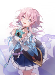Rule 34 | 1girl, absurdres, blue eyes, blue skirt, camera, collarbone, commentary request, gradient background, grey background, hair between eyes, hands up, highres, holding, holding camera, honkai: star rail, honkai (series), jacket, long hair, long sleeves, looking at viewer, march 7th (honkai: star rail), pink eyes, pink hair, pleated skirt, puffy long sleeves, puffy sleeves, shirt, skirt, sleeves past wrists, solo, takanashihotaru, tied jacket, white background, white shirt