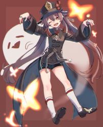 Rule 34 | 1girl, ;d, black footwear, black shorts, black socks, brown background, brown eyes, chinese clothes, commentary request, eyes visible through hair, full body, genshin impact, ghost, ghost pose, hair between eyes, hat, highres, hu tao (genshin impact), jewelry, kino (m6t2a), kneehighs, long hair, looking at viewer, one eye closed, open mouth, ring, shorts, sidelocks, simple background, smile, socks, solo, star-shaped pupils, star (symbol), symbol-shaped pupils, twintails, two-tone background, white socks, wide sleeves
