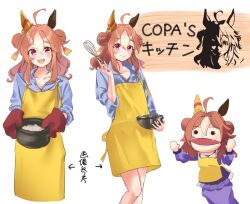 Rule 34 | 1girl, ahoge, animal ears, apron, blush, bowl, casual, collarbone, commentary request, copano rickey (umamusume), double bun, fang, hair bun, hand puppet, horse ears, horse girl, medium hair, mittens, puppet, purple eyes, simple background, smile, sodemaru unagi, solo, tail, translation request, umamusume, white background