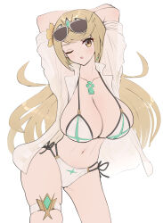 Rule 34 | 1girl, arms behind head, bikini, blue eyes, breasts, cleavage, gonzarez, highres, large breasts, legs, long hair, looking at viewer, mythra (xenoblade), navel, one eye closed, sunglasses, swimsuit, thighs, xenoblade chronicles (series), xenoblade chronicles 2, yellow eyes