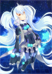 Rule 34 | 10s, 1girl, absurdres, breasts, full body, gradient background, gunslinger stratos, hair between eyes, hairband, half-closed eyes, high collar, highres, joints, long hair, miniskirt, neon trim, no feet, robot joints, see-through, skirt, small breasts, solo, star (symbol), starry background, toppema mapetto, twintails, white hair, xi-988