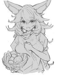 Rule 34 | 1girl, absurdres, animal ear fluff, animal ears, basket, cropped torso, dress, food, greyscale, grin, hair between eyes, hand up, highres, holding, holding basket, long hair, long sleeves, looking at viewer, monochrome, original, puffy long sleeves, puffy sleeves, shirt, simple background, sketch, sleeveless, sleeveless dress, smile, solo, upper body, very long hair, white background, yuuji (yukimimi)