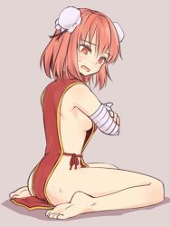 Rule 34 | 1girl, ass, bandaged arm, bandages, bare shoulders, barefoot, blush, bottomless, breasts, bun cover, commentary request, double bun, grey background, hair between eyes, hair bun, head tilt, ibaraki kasen, medium breasts, miyo (ranthath), naked tabard, open mouth, pink eyes, pink hair, shadow, shiny skin, short hair, sideboob, simple background, sitting, solo, sweat, tabard, thighs, touhou, wariza