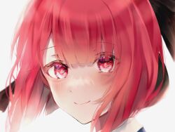 Rule 34 | 1girl, 1ja y, arima kana, blunt bangs, blush, closed mouth, colored skin, commentary request, hair between eyes, happy, highres, light blush, light smile, looking at viewer, oshi no ko, portrait, red eyes, red hair, school uniform, short hair, smile, solo, white background, white skin, youtou high school uniform