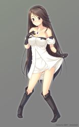 Rule 34 | 1girl, agnes oblige, bare shoulders, black gloves, blush, boots, bravely default: flying fairy, bravely default (series), breasts, brown eyes, brown hair, cleavage, dress, female focus, flying sweatdrops, full body, gloves, hairband, hand on own chest, highres, jewelry, large breasts, long hair, low neckline, miyai sen, necklace, pendant, simple background, solo, strapless, strapless dress, very long hair, white dress