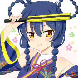 Rule 34 | 1girl, alternate hairstyle, angelic angel, arm up, blue hair, blush, braid, braided hair rings, closed mouth, commentary request, detached sleeves, flower, folding fan, hair between eyes, hair rings, hand fan, japanese clothes, kemu (guruguru dan), kimono, long hair, looking at viewer, love live!, love live! school idol project, simple background, smile, solo, sonoda umi, twin braids, yellow eyes