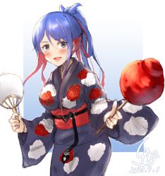 Rule 34 | 1girl, artist logo, blue hair, blue kimono, candy apple, commentary request, cowboy shot, dated, floral print, folded ponytail, food, foreshortening, hand fan, highres, japanese clothes, kantai collection, kimono, ld (luna dial398), long hair, multicolored hair, official alternate costume, one-hour drawing challenge, paper fan, red hair, solo, south dakota (kancolle), uchiwa, yukata