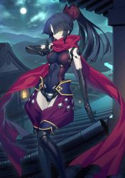 Rule 34 | 1girl, architecture, black bodysuit, black hair, blunt bangs, bodysuit, breasts, building, cloud, doll joints, east asian architecture, eyes visible through hair, fate/grand order, fate (series), full body, full moon, joints, katou danzou (fate), kuji-in, legs together, leotard, long hair, medium breasts, moon, mountain, narrow waist, navel, official art, outdoors, parted bangs, ponytail, red scarf, river, robot joints, scarf, skin tight, solo, standing, star (sky), yangsion, yellow eyes