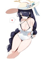 Rule 34 | 1girl, absurdres, black hair, blue archive, braid, braided ponytail, breasts, cleavage, cropped legs, flower, halo, hat, hat flower, heart, highres, hinata (blue archive), hinata (swimsuit) (blue archive), large breasts, long hair, looking at viewer, official alternate costume, one-piece swimsuit, open mouth, plentyofempty, red eyes, sideboob, simple background, solo, spoken heart, sun hat, sweat, swimsuit, very long hair, white background, white flower, white one-piece swimsuit