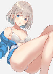 Rule 34 | 1girl, bad id, bad pixiv id, bare shoulders, blue eyes, bra, breasts, commentary request, earrings, grey hair, highres, idolmaster, idolmaster shiny colors, iiniku1212, jacket, jewelry, knees up, looking at viewer, no pants, off-shoulder jacket, off shoulder, open clothes, open jacket, panties, serizawa asahi, short hair, simple background, small breasts, solo, thighs, underwear, white background, white bra, white panties