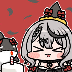 Rule 34 | &gt; &lt;, 1girl, :d, birthday cake, black collar, black hair, blush, breasts, cake, camisole, cleavage, collar, fang, food, frilled camisole, frills, grey hair, hair ornament, happy birthday, hat, heart collar, heart pendant, hololive, inu (sakamata chloe), jazz jack, lowres, medium breasts, medium hair, multicolored hair, off-shoulder jacket, off shoulder, open mouth, party hat, sakamata chloe, sakamata chloe (1st costume), smile, solo, streaked hair, virtual youtuber, white camisole, x hair ornament, xd
