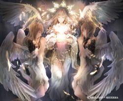 Rule 34 | 3girls, angel, angel wings, brown hair, colossus order, dress, closed eyes, glowing, halo, makai no juumin, multiple girls, official art, original, own hands clasped, own hands together, praying, smile, white dress, wings
