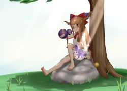 Rule 34 | 1girl, bare legs, barefoot, blush, bow, chain, cuffs, gourd, grass, hair bow, horn ornament, horn ribbon, horns, ibuki suika, knee up, light rays, long hair, looking at viewer, low-tied long hair, oni, orange hair, orb, outdoors, pyramid (geometry), ribbon, rock, shackles, shadow, shirt, sitting, sitting on rock, skirt, sleeveless, sleeveless shirt, smile, solo, spread toes, sunbeam, sunlight, toes, touhou, tree, under tree, wrist cuffs, yellow eyes, zhuan lu