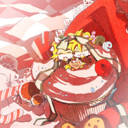 Rule 34 | 1boy, 1girl, bad id, bad pixiv id, blonde hair, boy in food, brother and sister, cake, candy, candy cane, cherry, chibi, cupcake, food, fruit, in food, kagamine len, kagamine rin, mini person, miniboy, minigirl, nia (four winds), pastry, siblings, smile, twins, vocaloid