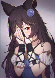 Rule 34 | 1girl, animal ears, bare shoulders, black hair, blue dress, blue flower, blush, breasts, collarbone, commentary request, covering one eye, crying, crying with eyes open, detached sleeves, dress, erune, flower, glitch, granblue fantasy, hair flower, hair ornament, highres, long hair, nier (granblue fantasy), puffy short sleeves, puffy sleeves, red eyes, short sleeves, sleeveless, sleeveless dress, small breasts, solo, tears, uneg, upper body, very long hair, white sleeves