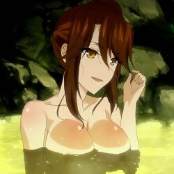 Rule 34 | 1girl, angela cornwell, bathing, breasts, brown hair, highres, large breasts, mature female, nude, open mouth, partially submerged, seikoku no dragonar, solo, upper body, yellow eyes