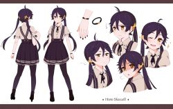 Rule 34 | 1girl, ;d, bad id, bad pixiv id, black hair, bracelet, character name, character sheet, highres, himi sfercell (eventh7), jewelry, long hair, low twintails, mole, mole under eye, multiple views, nail polish, one eye closed, open mouth, original, pantyhose, ribbon-trimmed sleeves, ribbon trim, shoes, smile, twintails, weyowang, yellow eyes