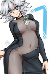 Rule 34 | 1girl, belly, black dress, blue eyes, braid, breasts, breasts apart, closed mouth, commentary request, contrapposto, dress, hair between eyes, hair ribbon, highres, izayoi sakuya, large breasts, looking at viewer, meme attire, navel, no bra, no panties, plump, ribbon, see-through, short hair, silver hair, sketch, smile, solo, standing, tajima yuuki, touhou, twin braids
