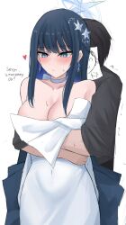 Rule 34 | 1boy, 1girl, absurdres, bare shoulders, black hair, black shirt, blue archive, blue hair, breasts, cleavage, commentary, doodle sensei (blue archive), dress, english commentary, highres, hug, hug from behind, namikare, saori (blue archive), saori (dress) (blue archive), sensei (blue archive), shirt, simple background, sweat, white background, white dress