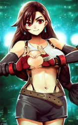 Rule 34 | 1girl, artist name, breasts, brown hair, cowboy shot, earrings, elbow gloves, final fantasy, final fantasy vii, fingerless gloves, genzoman, gloves, heart, heart-shaped boob challenge, heart hands, jewelry, large breasts, light smile, long hair, looking at viewer, low-tied long hair, midriff, miniskirt, navel, pencil skirt, red eyes, skirt, solo, suspender skirt, suspenders, tank top, tifa lockhart, very long hair