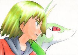Rule 34 | 1boy, commentary request, creatures (company), from side, frown, game freak, gen 5 pokemon, green hair, grey eyes, highres, jacket, male focus, nintendo, oka mochi, orange jacket, parted lips, pokemon, pokemon (anime), pokemon (creature), pokemon bw (anime), purple shirt, serperior, shirt, short hair, traditional media, trip (pokemon), upper body, white background