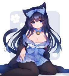 Rule 34 | 1girl, animal ear fluff, animal ears, arashio (azur lane), azur lane, bell, black hair, blouse, blue skirt, blush, bow, breasts, brown pantyhose, cat ears, cat girl, cat tail, cleavage, collarbone, floral print, grey background, hair between eyes, hair bow, hakama, hakama short skirt, hakama skirt, head tilt, highres, japanese clothes, jingle bell, large breasts, long hair, long sleeves, looking at viewer, pantyhose, petals, purple bow, purple eyes, shadow, shichijou natori, shirt, sitting, skirt, solo, tail, white background, white shirt, wide sleeves