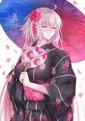 Rule 34 | 1girl, absurdres, ahoge, alternate costume, black kimono, blurry, blush, breasts, cherry blossoms, closed mouth, commentary request, depth of field, falling petals, fate/apocrypha, fate (series), fingernails, floral print, flower, hair between eyes, hair flower, hair ornament, hand fan, highres, holding, holding fan, holding umbrella, japanese clothes, jeanne d&#039;arc (fate), jeanne d&#039;arc alter (avenger) (fate), jeanne d&#039;arc alter (fate), kanzashi, kimono, large breasts, long hair, long sleeves, looking away, looking to the side, nose blush, obi, oil-paper umbrella, pale skin, paper fan, parasol, penguintake, petals, pink flower, pink rose, print kimono, print sash, print umbrella, rose, sash, sidelocks, silver hair, simple background, solo, space print, standing, starry sky print, striped clothes, striped kimono, uchiwa, umbrella, very long hair, white background, wide sleeves, yellow eyes