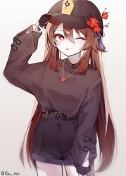 Rule 34 | 1girl, ;p, alternate costume, baseball cap, belt, black belt, black hat, black nails, black shorts, black sweater, bright pupils, brown hair, closed mouth, contemporary, cowboy shot, flower, flower-shaped pupils, flower necklace, genshin impact, hair between eyes, hand up, hat, highres, hu tao (genshin impact), jewelry, light blush, long hair, looking at viewer, necklace, one eye closed, orange eyes, plata 0514, shorts, simple background, solo, sweater, sweater tucked in, symbol-shaped pupils, tongue, tongue out, twintails, white pupils